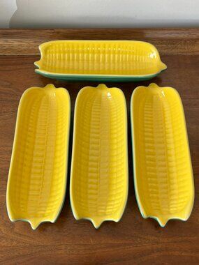 Set of 4 Le Creuset Sweet Corn Dishes Stoneware Corn Cob Holders Fennel Dijon